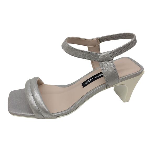 Nine West Dark Silver Metallic Urgreat Square Toe Leather Ankle Strap Sandals 5 - Picture 2 of 14